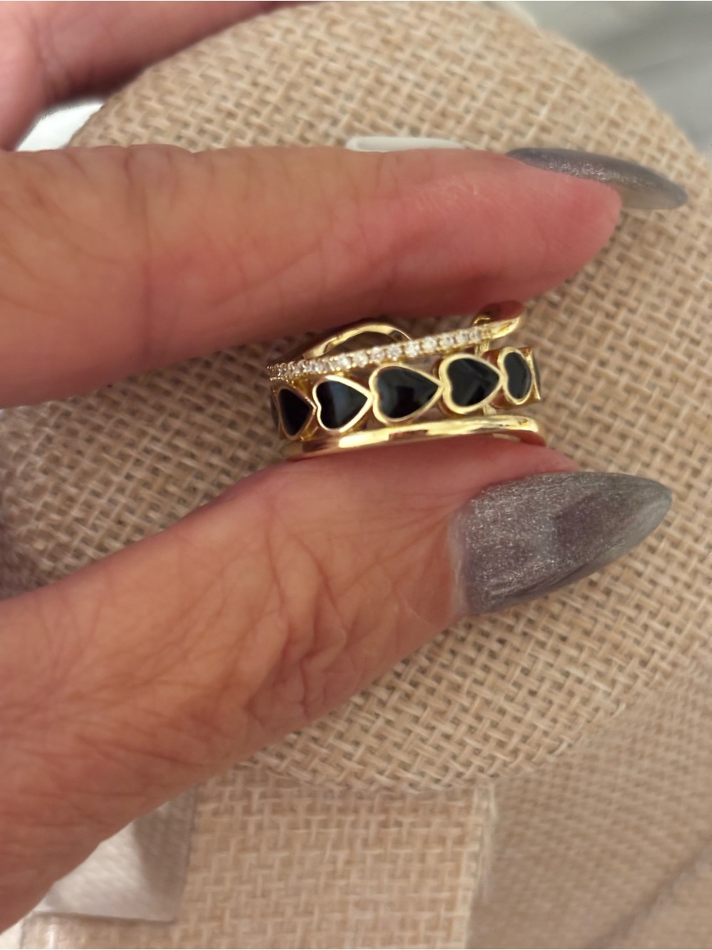 Gold Tone Women's Heart Band Ring with Black Enamel